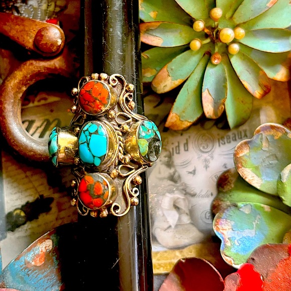 Sundance Vintage Turquoise Coral Scroll Statement Southwest Sterling Silver Ring - Picture 4 of 10